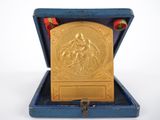 une médaille d'or dans une boîte bleue posée sur une surface blanche