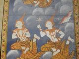 painting of two men on a boat in the sky with clouds