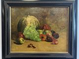peinture d'une nature morte de fruits et légumes sur une table
