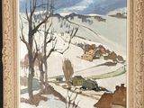 an image of a painting of a snowy landscape with houses and trees