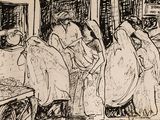 drawing of a group of people standing in front of a building