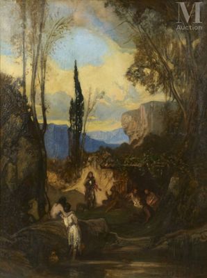 an image of a painting of a man and a woman in a wooded area