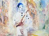 un tableau représentant un homme en costume blanc jouant d'un instrument de musique