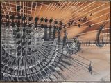 dessin représentant un tableau où l'on voit des oiseaux survoler une ville avec des immeubles