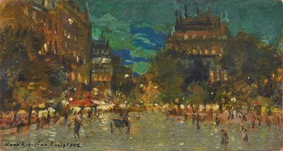 painting of a painting of a city street at night with a clock tower in the background