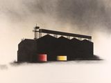 an image of a black and white painting of a factory in the fog