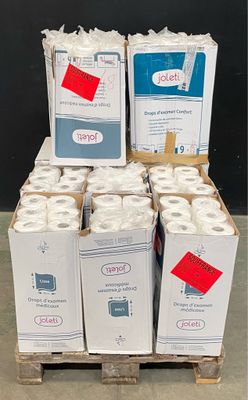 several rolls of toilet paper are stacked on a pallet in a warehouse