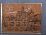 dessin représentant un château avec, devant, un pont enjambant une rivière