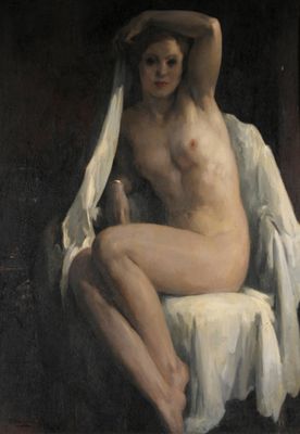 tableau représentant une femme nue assise sur un lit recouvert d'un drap blanc