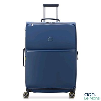 the blue suitcase is sitting on wheels on a white surface
