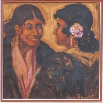 painting of two women facing each other with a flower in their hair