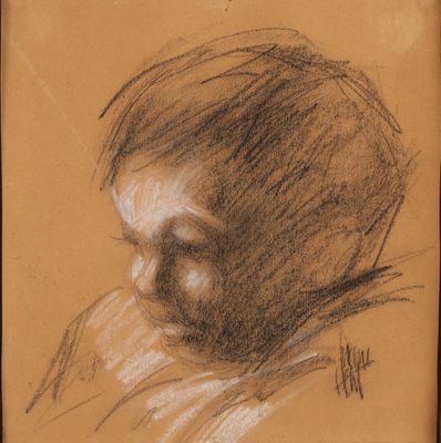 dessin représentant un homme coiffé d'un chapeau, le regard baissé