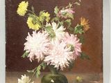 a painting of flowers in a green vase on a table