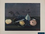 an image of a painting of a plate of fruit and a knife