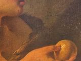 a painting of a boy holding an apple in his hand