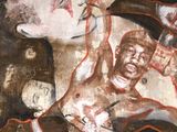 un tableau représentant un homme allongé par terre, un couteau à la main