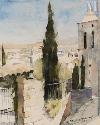 une aquarelle représentant une vue d'une ville