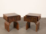 pair of mid century walnut nightstand tables with drawers