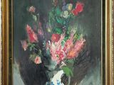 painting of a vase with flowers in it sitting on a table