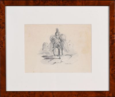 dessin représentant un homme à cheval, dans un cadre en bois
