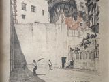 a drawing of a man holding an umbrella in the street
