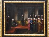 une image d'une peinture représentant un groupe de personnes devant un bâtiment