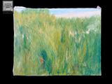 une peinture à l'huile représentant un champ d'herbe avec le ciel en arrière-plan
