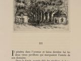 a black and white drawing of a house and trees