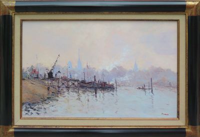 an oil painting of a harbor scene with boats in the water