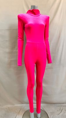 a mannequin wearing a bright pink bodysuit on a mannequin stand