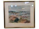 framed watercolor painting of a view of a beach with a sailboat in the distance