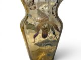 a glass vase with a painting on it on a white background