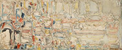 a painting on the wall of a room with a lot of people