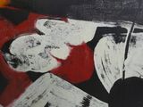 abstract painting of red and white shapes on a black background
