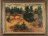 une peinture à l'huile représentant un paysage avec des arbres et des buissons au premier plan