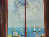 un tableau représentant un vase de fleurs posé sur un rebord de fenêtre
