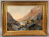 an oil painting of a mountain scene with a river in the foreground