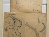 several drawings of a car, a horse, a horse, and a dog