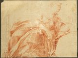 an old drawing of a woman sitting on a chair