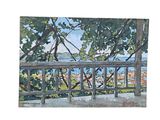 a painting of a view of the ocean from a balcony