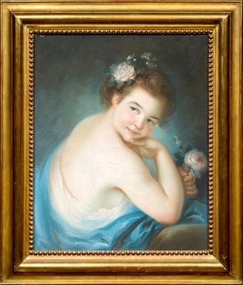 painting of a woman with a flower in her hair and a blue dress
