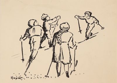 une image représentant un dessin d'un groupe de personnes à skis