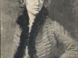 a black and white drawing of a woman wearing a hat