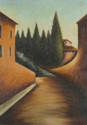 painting of a street with houses and trees on the side of it