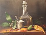 tableau représentant une nature morte avec une bouteille d'huile et des épices posées sur une table