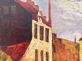 an oil painting of a street scene with buildings in the background