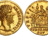 a gold coin with an image of a woman and a man on it