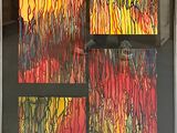 painting of a red, yellow, and green abstract painting in a black frame