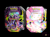 two tins of pokemon trading cards are shown side by side