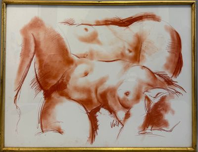 un dessin représentant une femme nue, dans un cadre doré